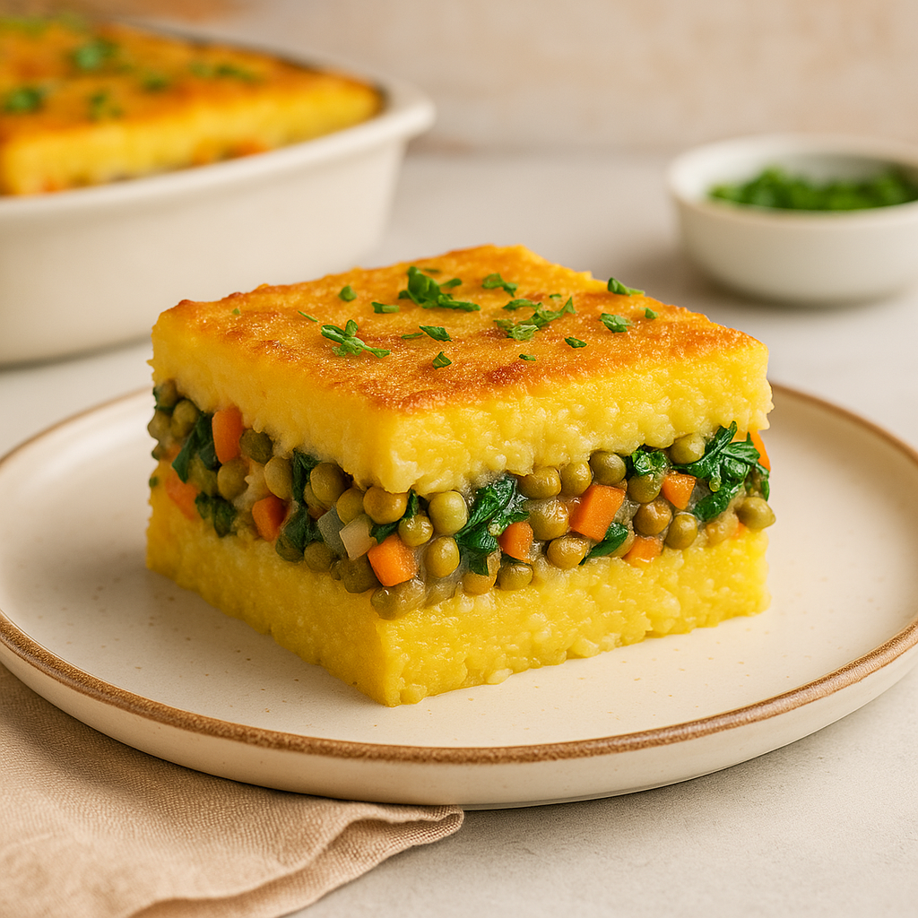 Pastel de Polenta con frijol mungo y vegetales